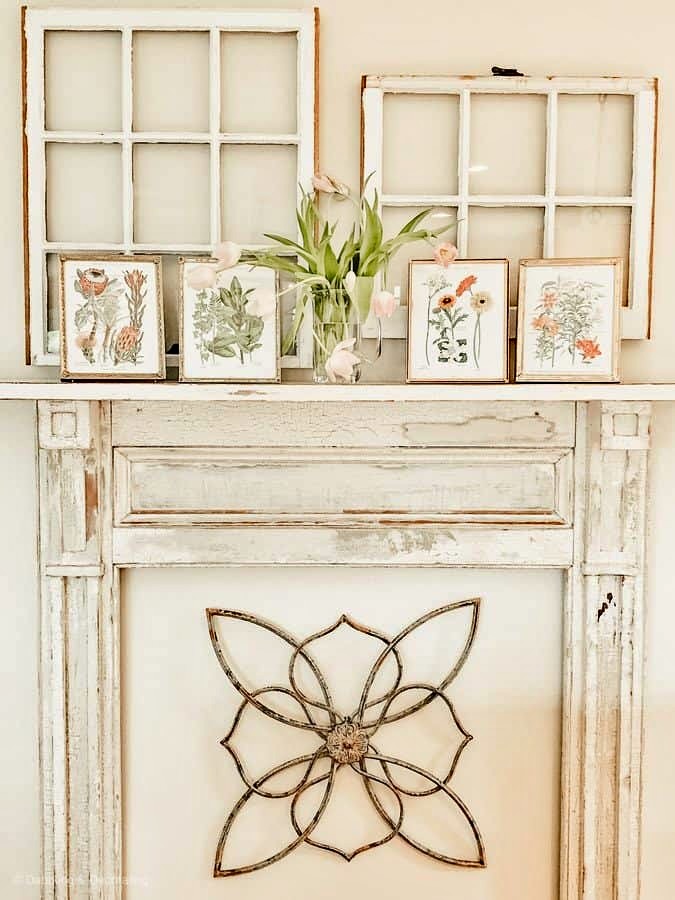 Vintage Mantel with botanicals and salvaged windows.