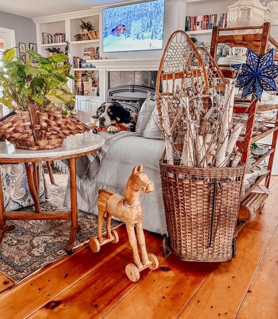 Birch logs in French basket in winter holiday decor in living room.