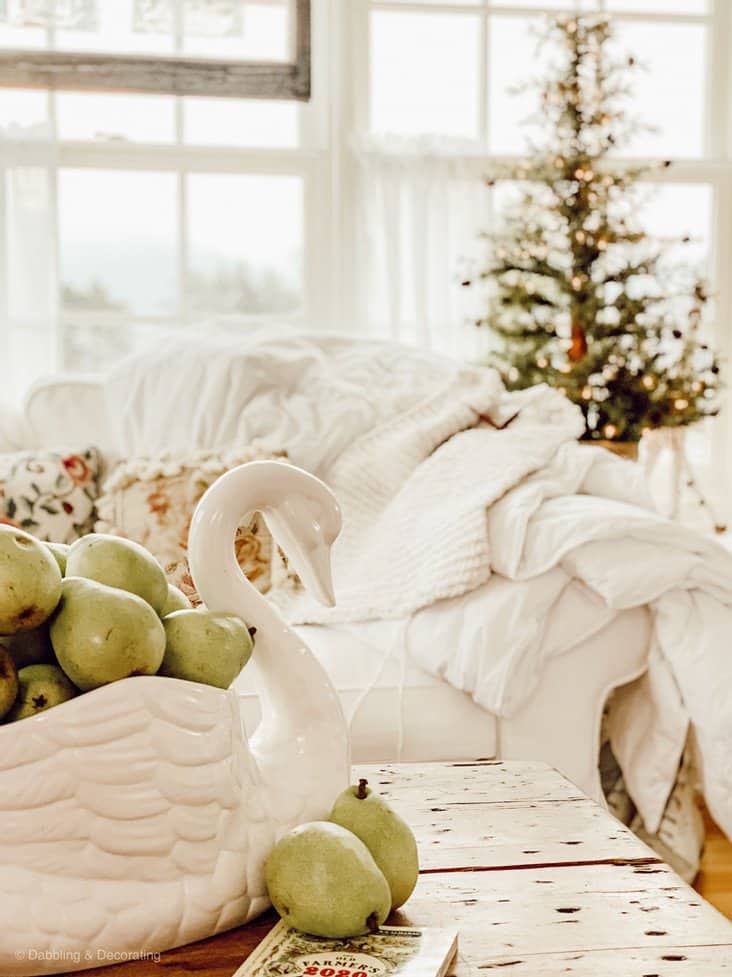 Winter white decorations in cozy sunroom with white swan centerpiece with apples in living room.