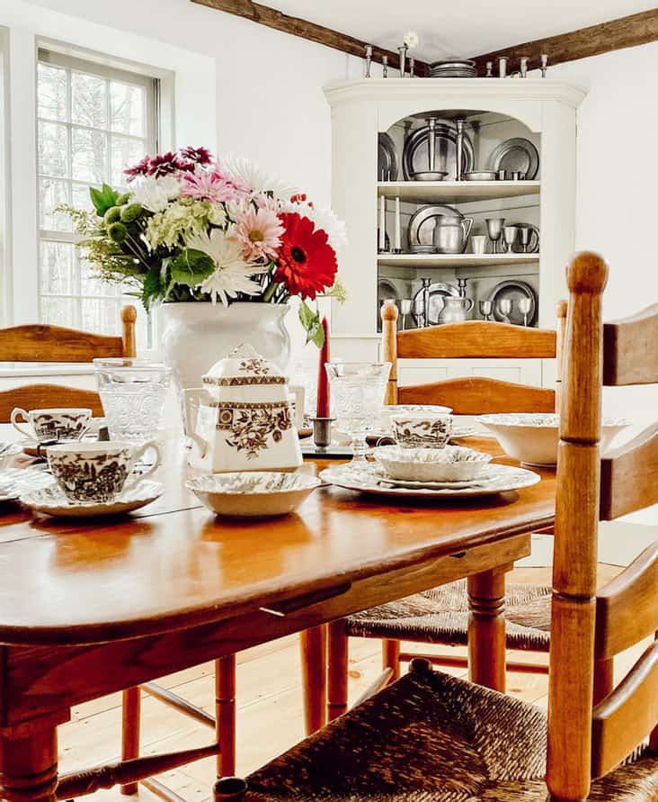 Vintage Dining Room Decor with Transferware and Pewter.