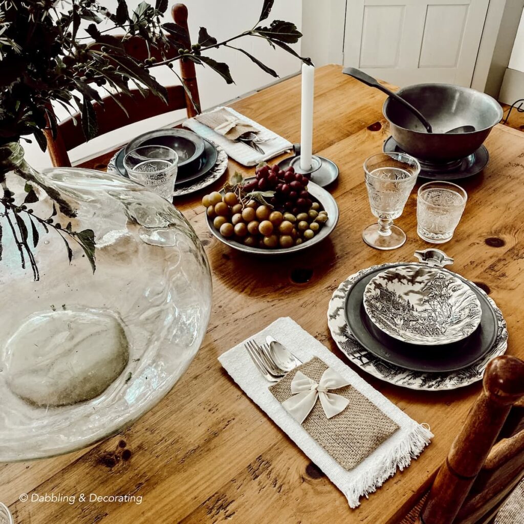 Primitive antique pewter table setting.