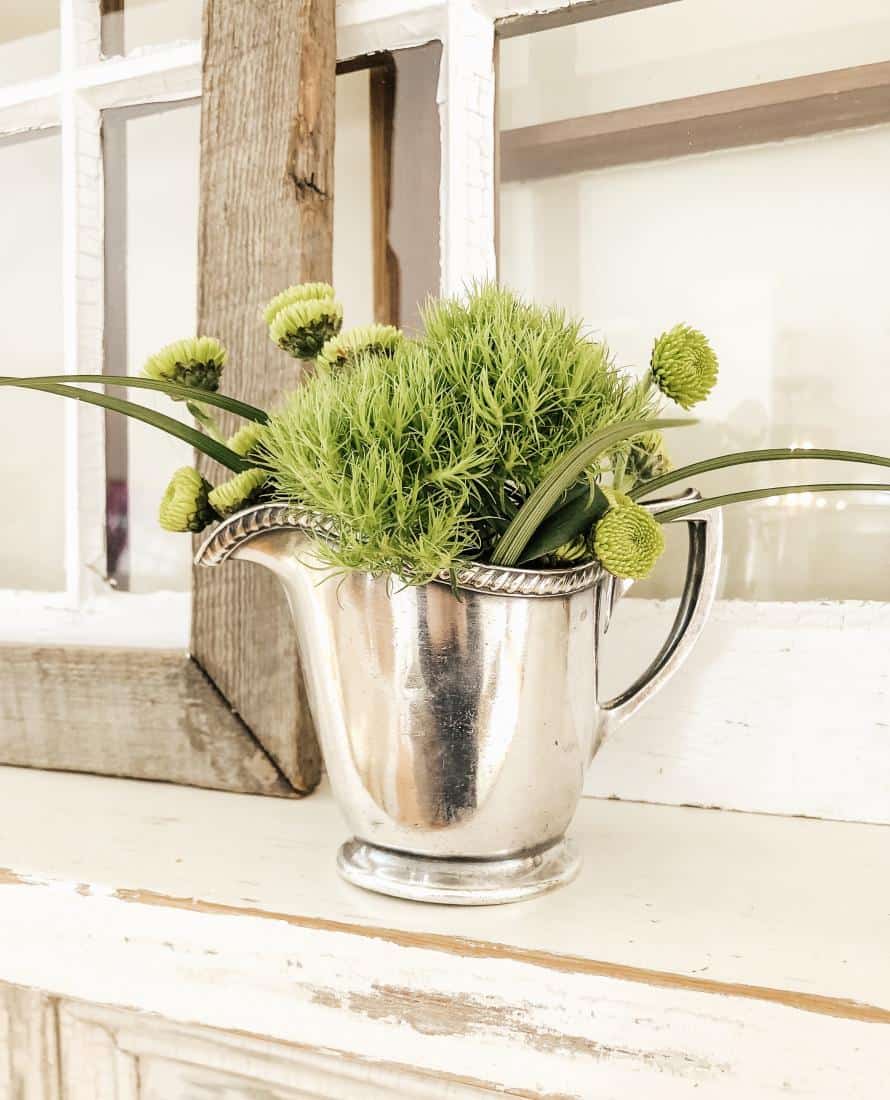 A vintage silver pitcher filled with thrifty green plants on a window sill.