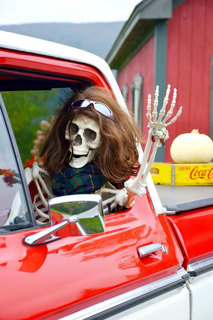 Skeleton in a red truck