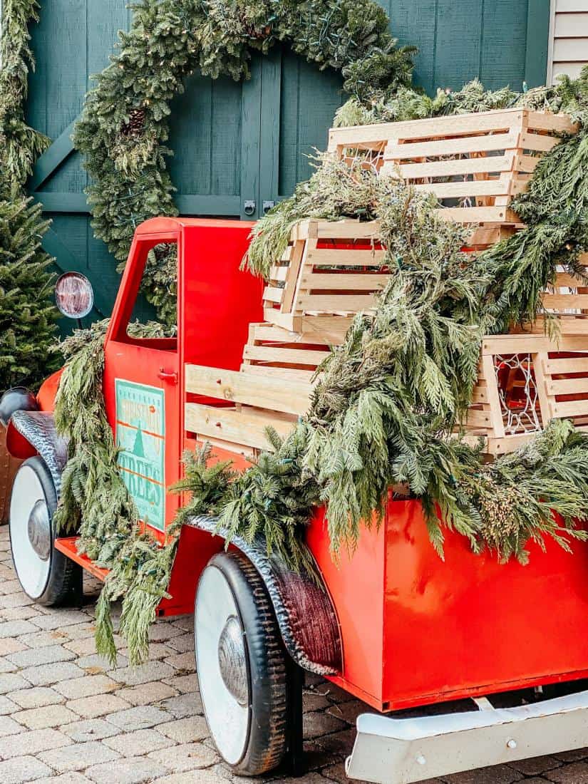 red truck with lobster traps