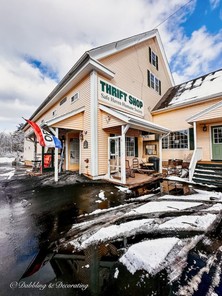 Humane Society Thrift Shop with open flag in wells, Maine. A thrift shopping guide.