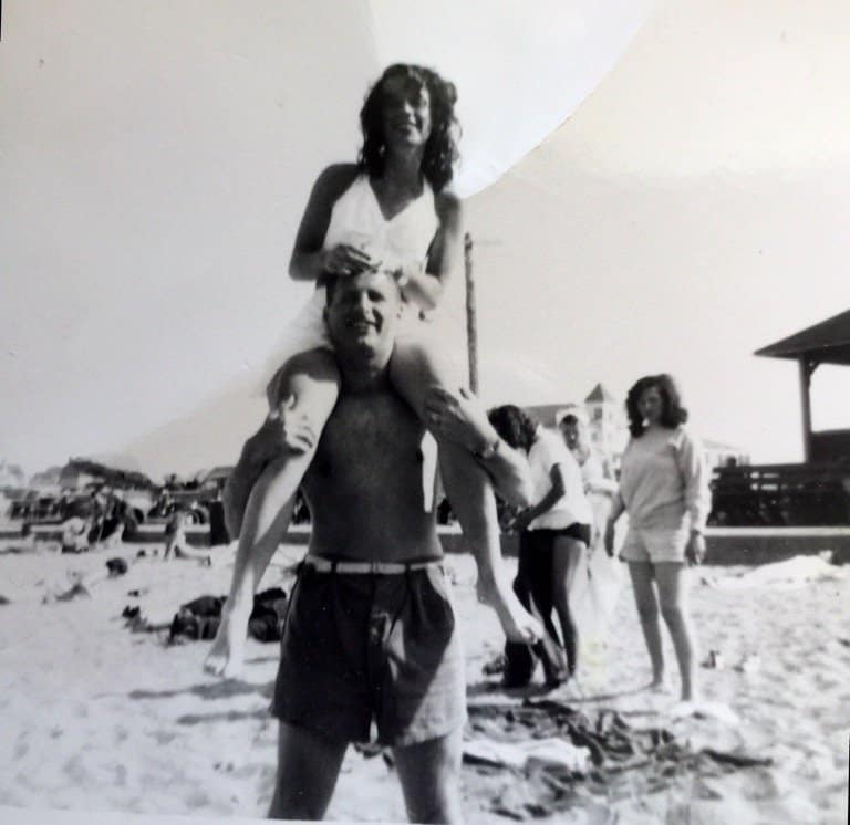 Mom on my Dad's shoulders at Short Sands Beach, York Maine in the 1940s.