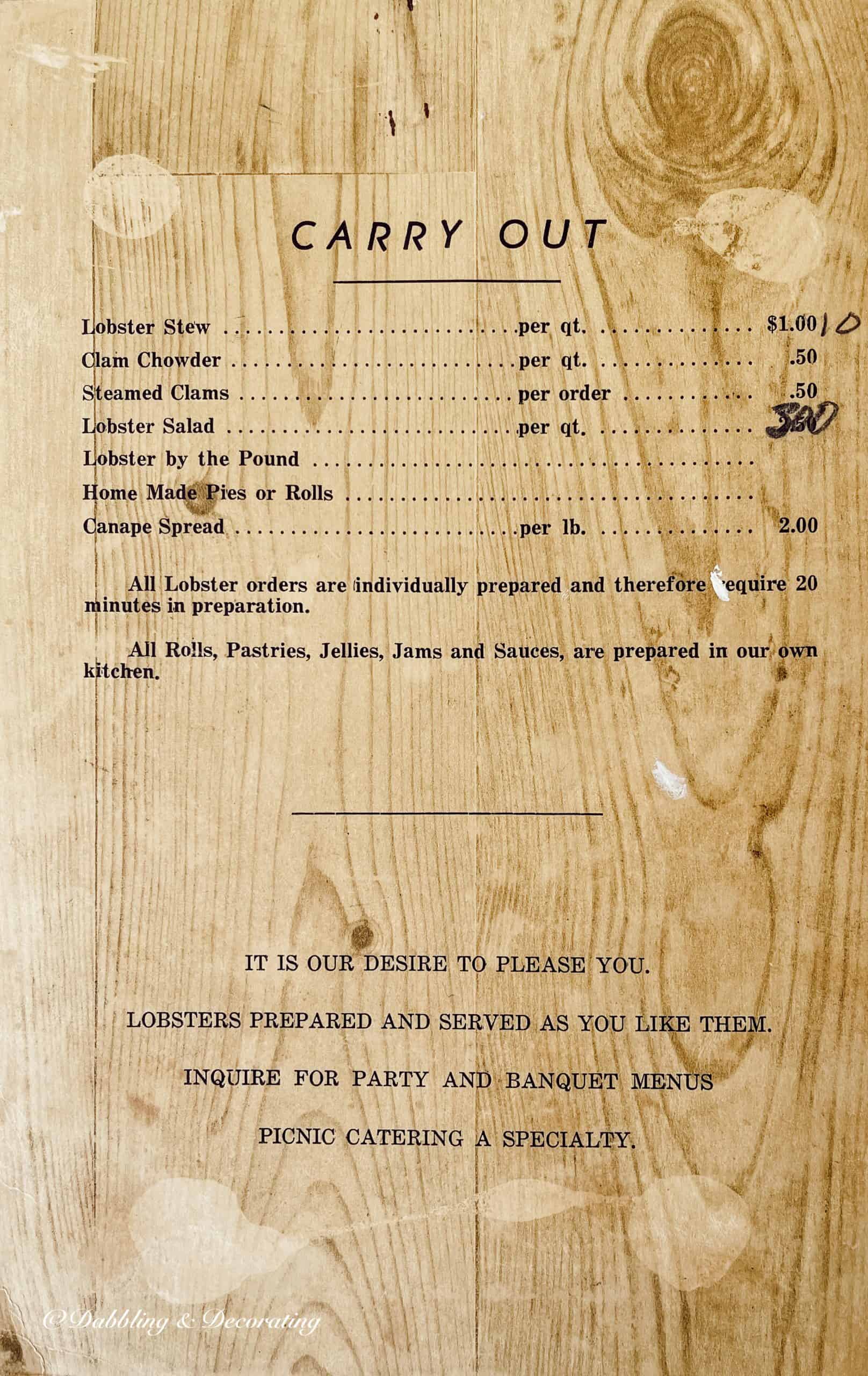 Old Coupe's Pound Menu in Coastal Maine.