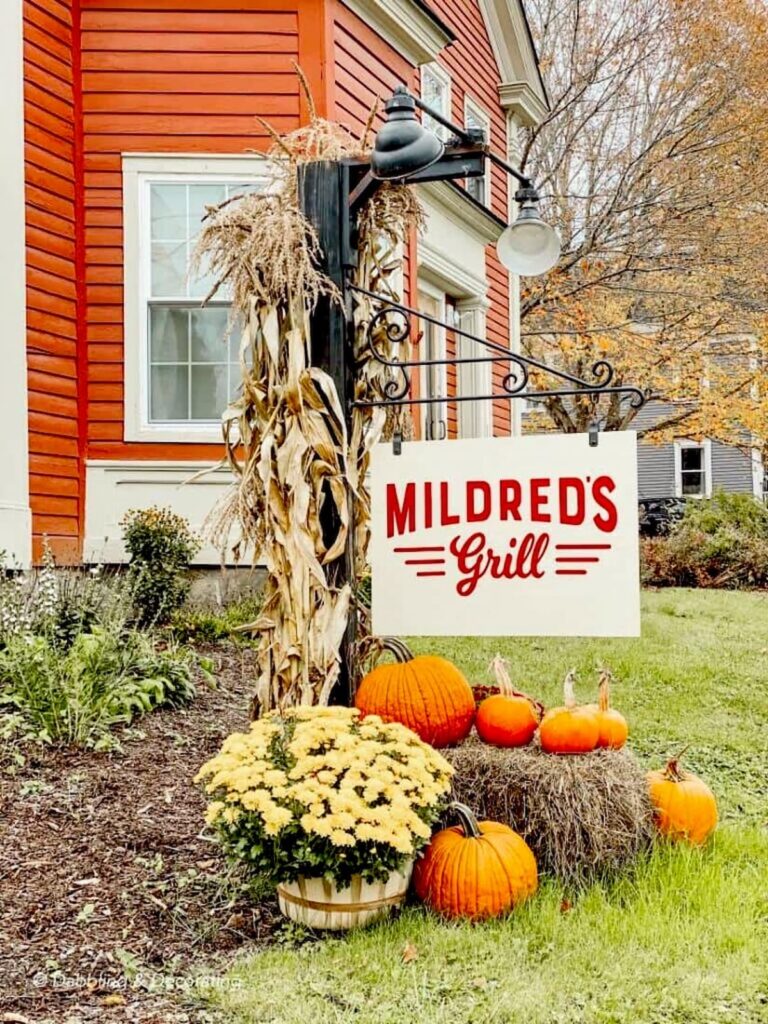 Mildred's Grill Restaurant Sign and fall display.