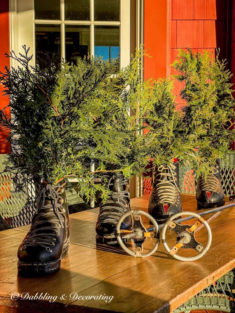 Vintage ski boots in black with vintage ski poles and evergreens on sun setting ski house porch table.