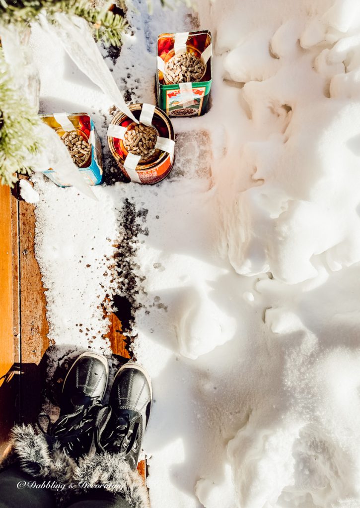 Three tin cans in snow freezing DIY candles for winter diy project.