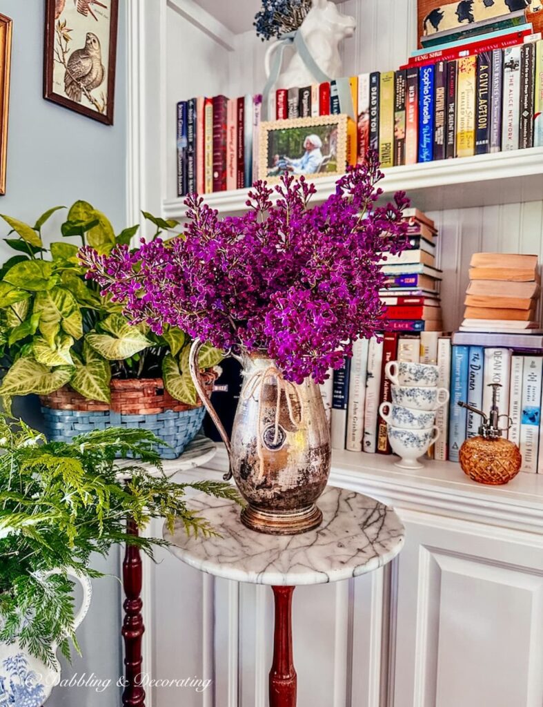 Lilac Bouquet in Silver Pitcher in Corner Book Nook.