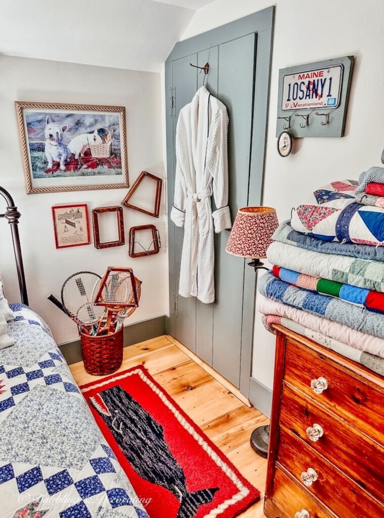 Vintage guest bedroom with family heirlooms and a tennis sporty theme.