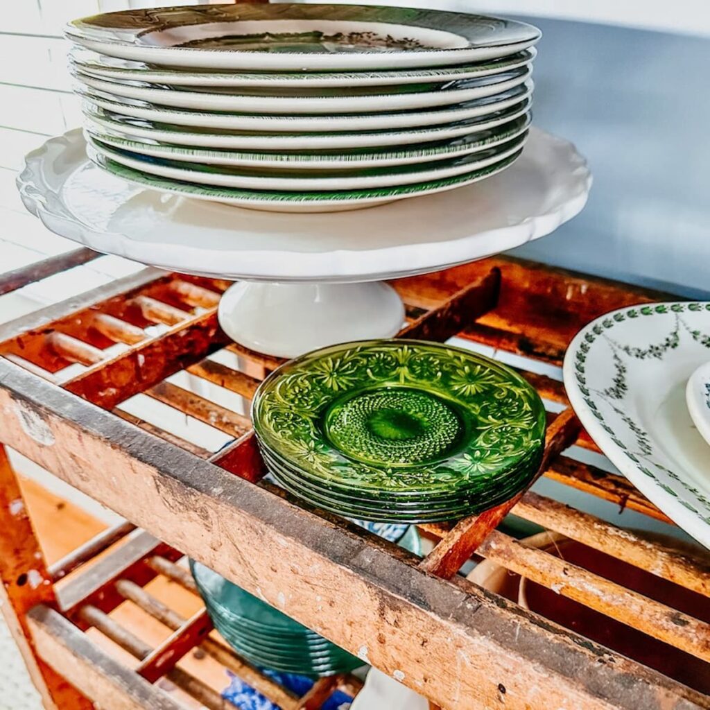 Storing and Displaying Vintage Dishes in an Antique Cobblers Rack