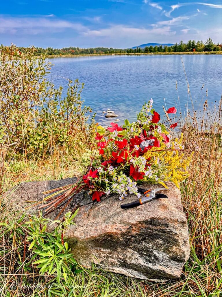 Fall Flower Arrangements for Foraged Autumn Bouquets sitting on a rock at a lake in the mountains.