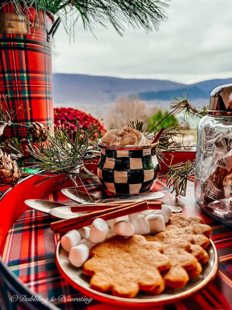 Plaid tray, canister and hot chocolate mugs
