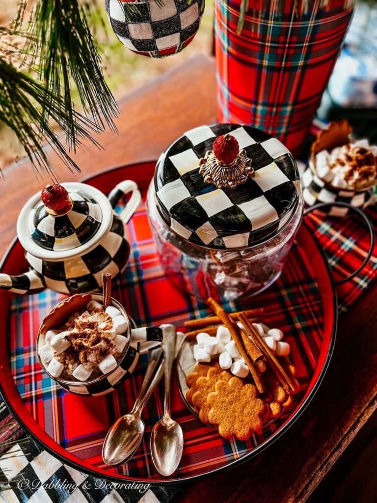 Plaid tray, canister and hot chocolate mugs