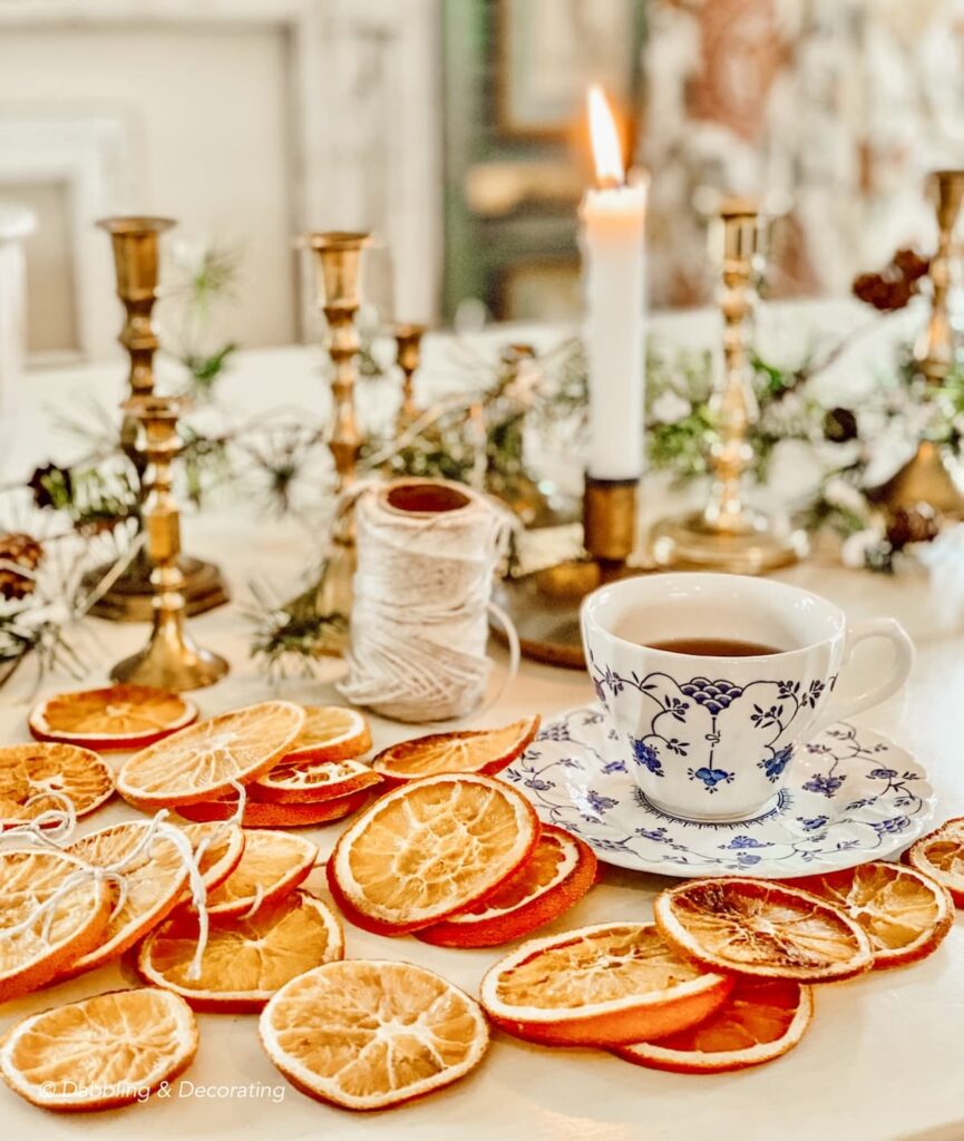 Dried Christmas Oranges and Tea on Table