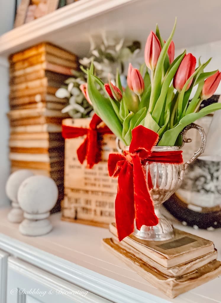 Pink Tulips in Vintage Vase with Red Bow