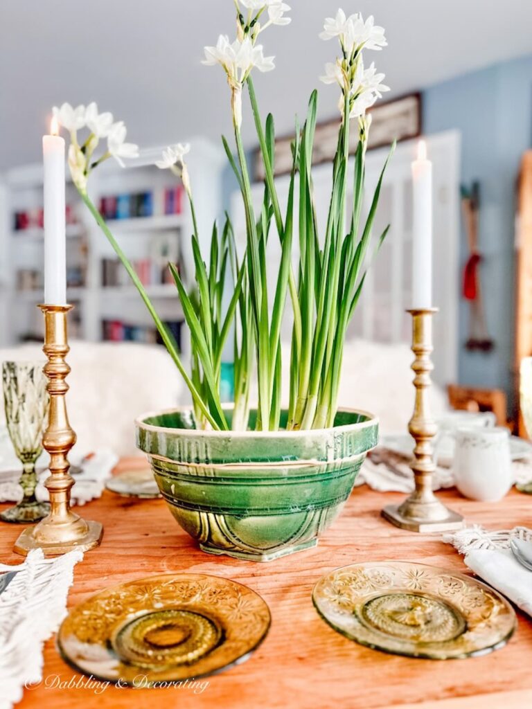 Vintage Green Stoneware with Paperwhites Centerpiece