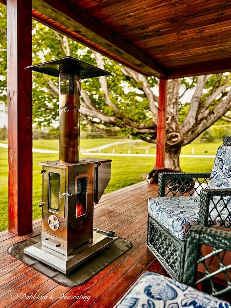 Wood Pellet Outdoor Heater on Porch in the Spring