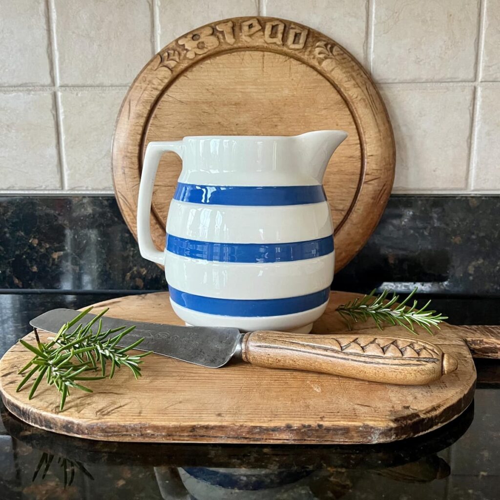 Staffordshire blue and white striped pitcher for women's day gift.