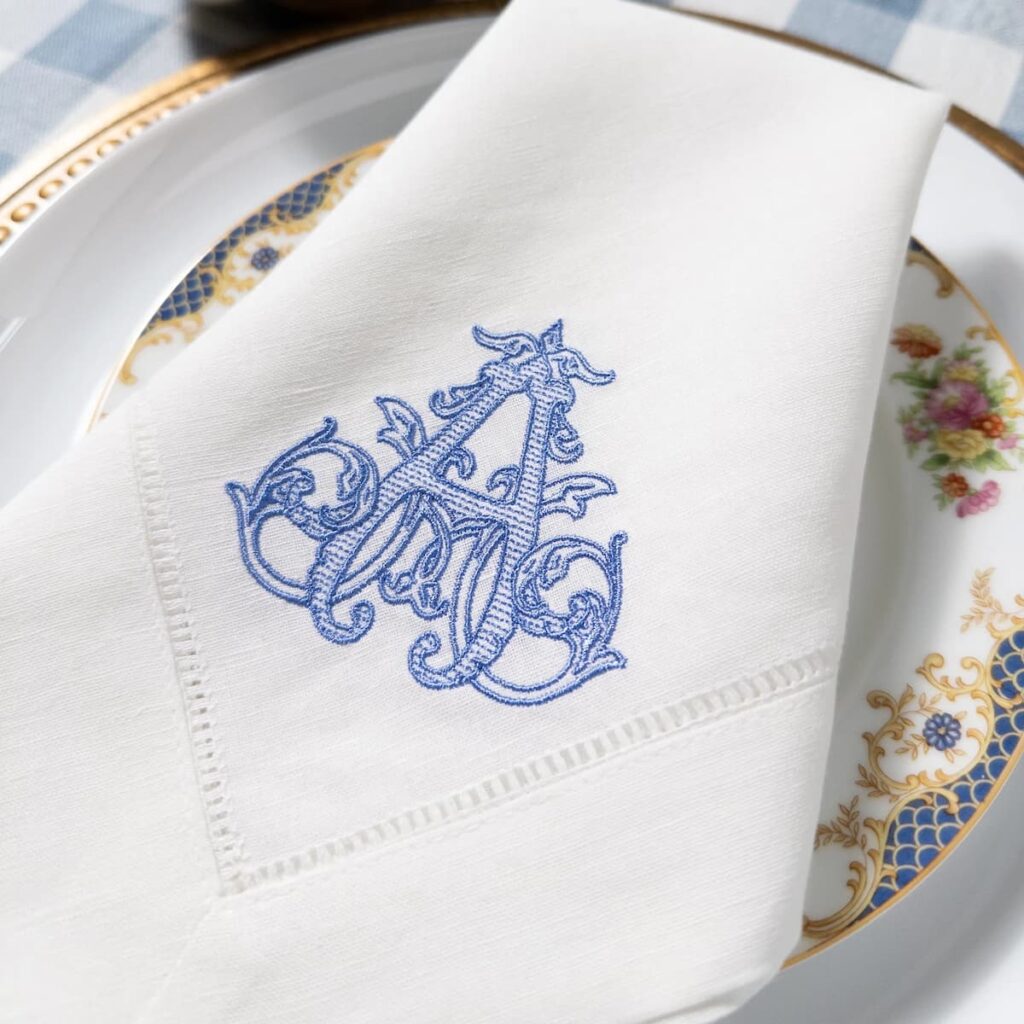 Embroidered napkins in blue and white for women's day gift.