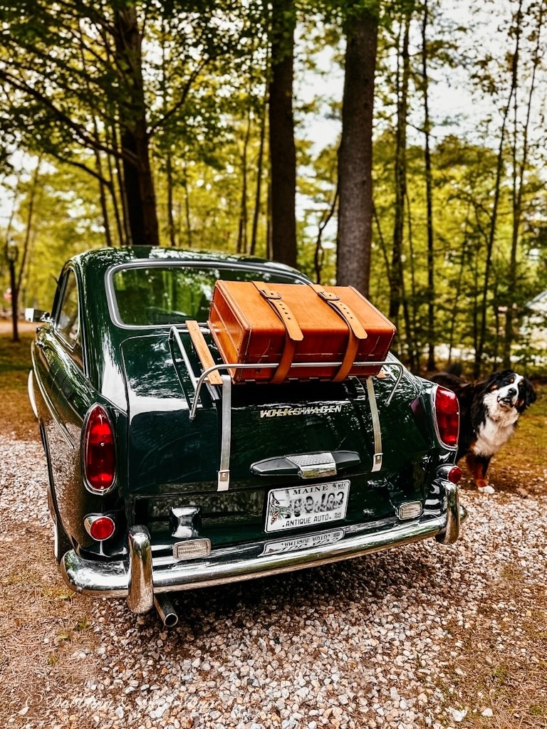 Antique Volkswagon Fastback with Bernese Mountain Dog and Vintage suitcase on Trunk