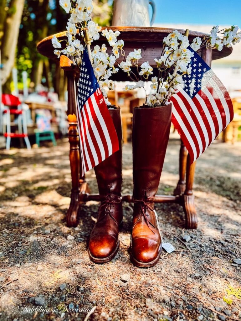Vintage Boots with USA Flags at Barn Sale