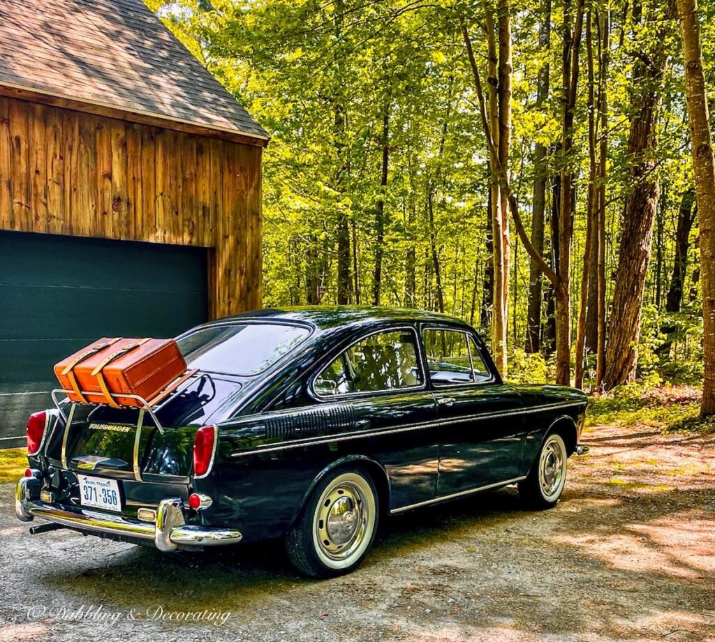 Classic VW Fastback with Vintage Leather Luggage Rack and Suitcase