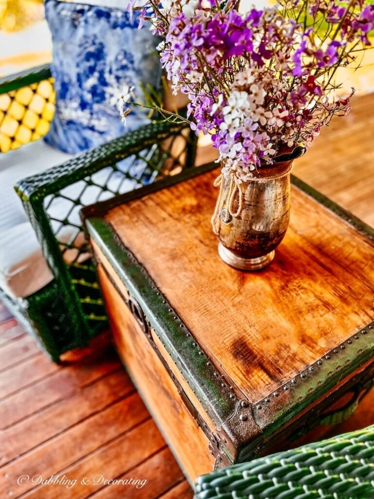 Antique Trunk Restored with Flowers on Porch as Table