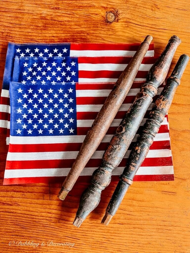 Three American Flags and Antique Spindles