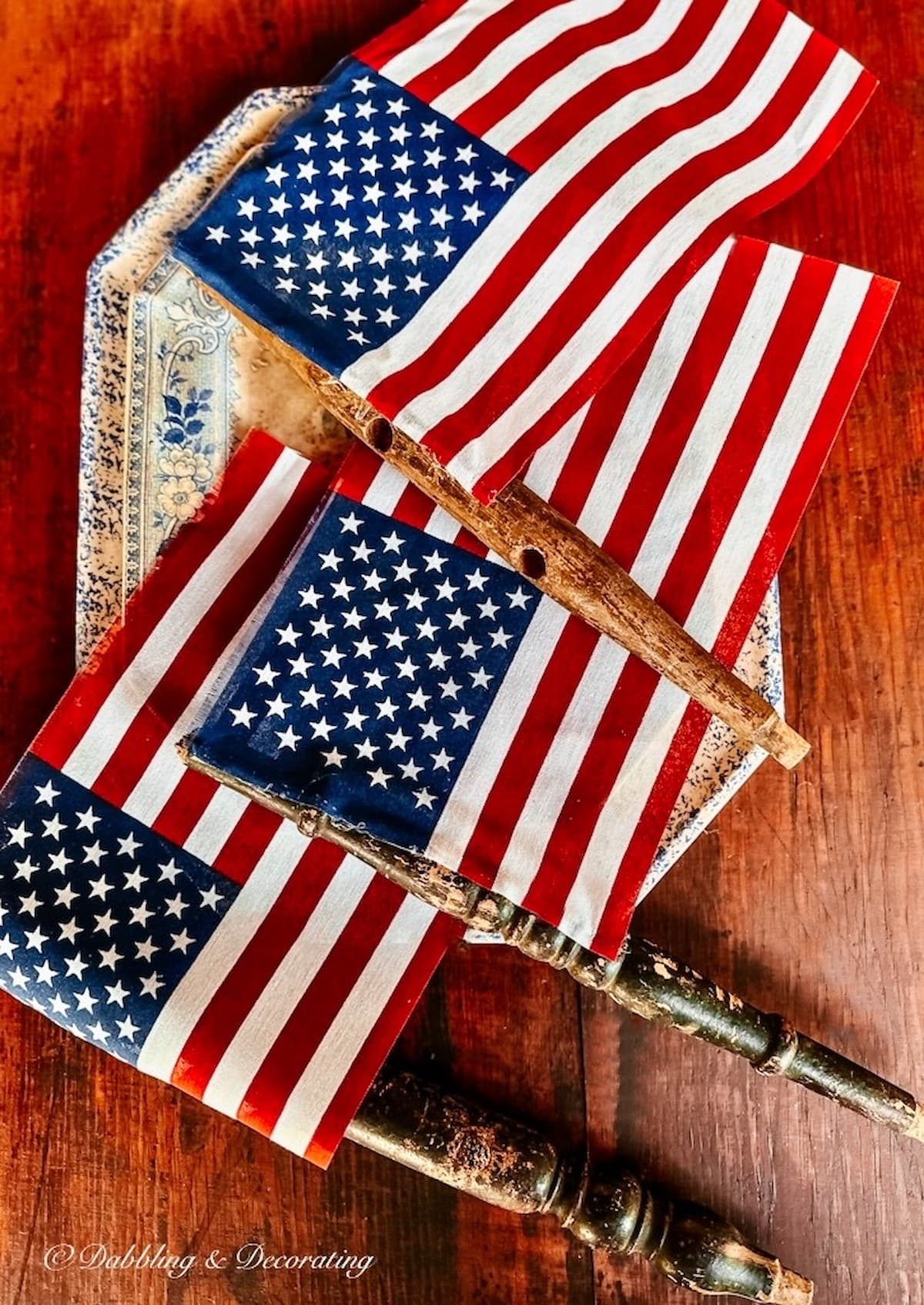Three American DIY Flags with antique spindles