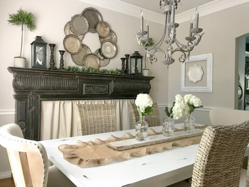 DIY SILVER TRAY WREATH in farmhouse dining room.