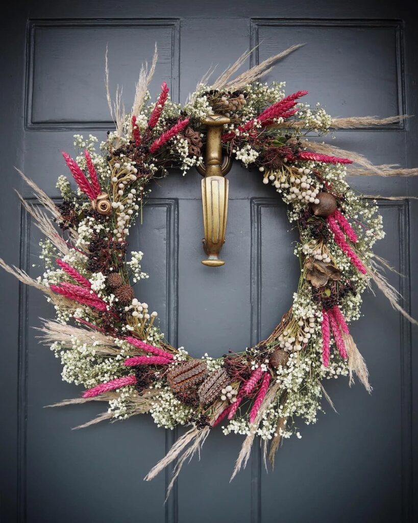 A Spring grapevine Wreath – With Pink And White Dried Flowers.