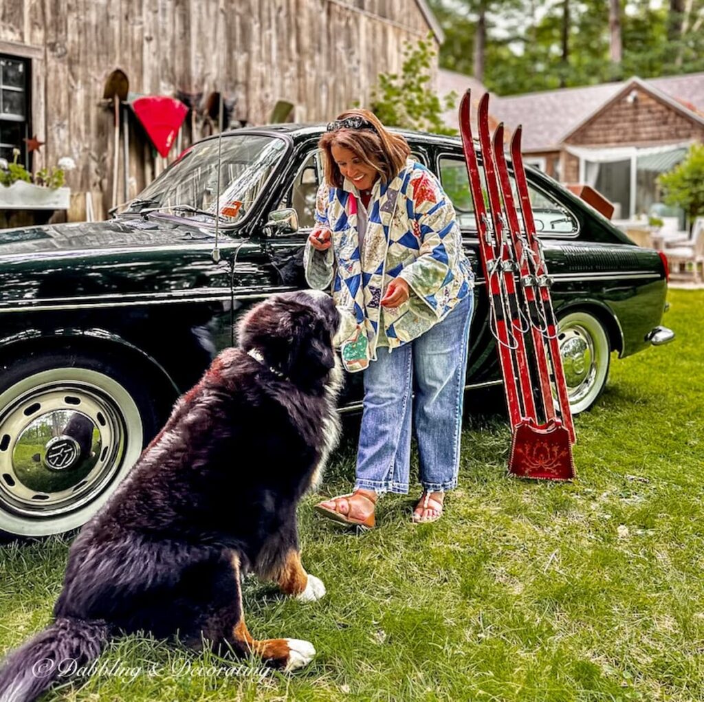 Woman in Vintage Quilt Jacket with Bernese Mountain Dog, Vintage VW Fastback and Red Skis