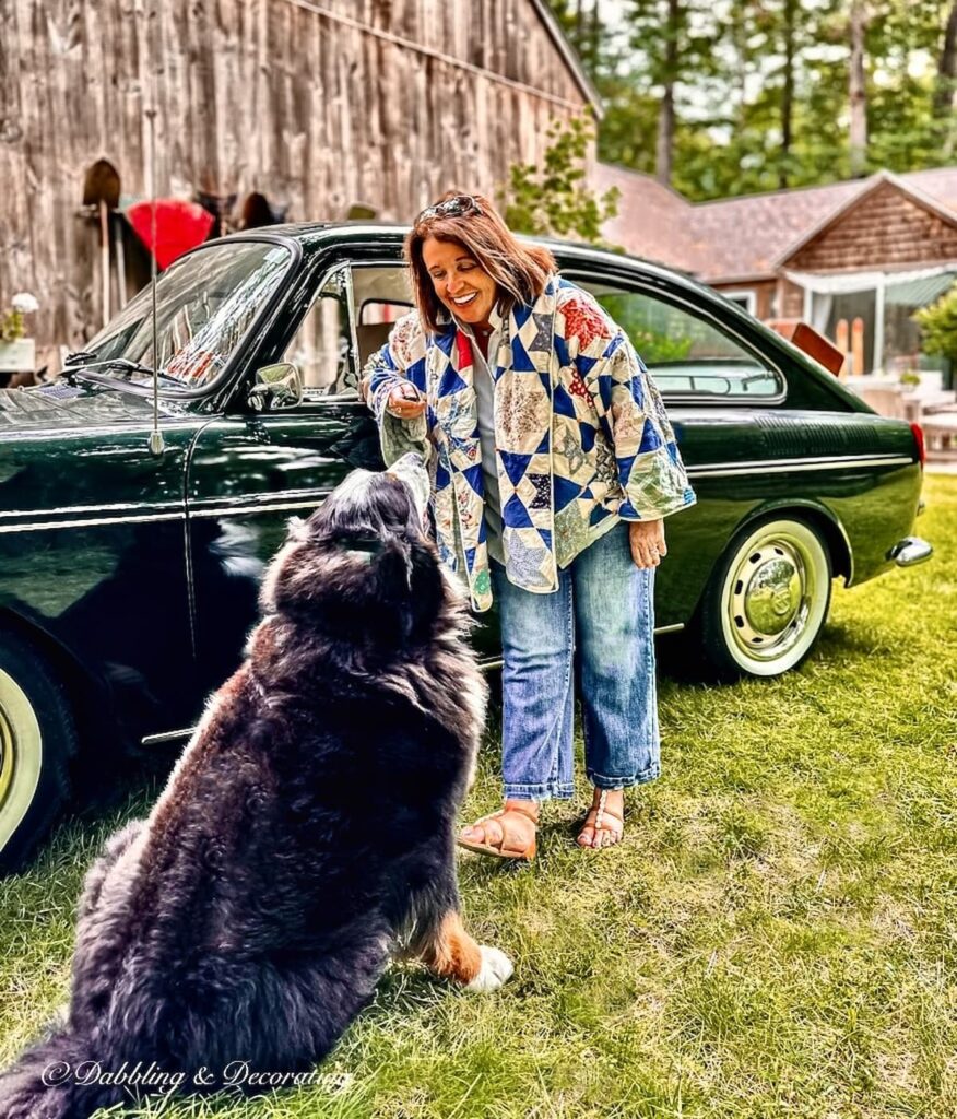 Woman in Vintage Quilt Jacket with Bernese Mountain Dog, Vintage VW Fastback