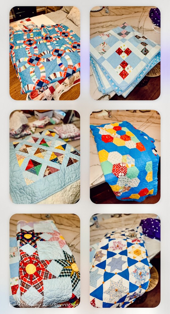 Assortment of Colorful vintage quilts for quilt jackets.
