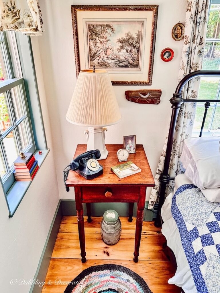 Vintage Cottage Style Bedroom with red, white, and blue home decor.