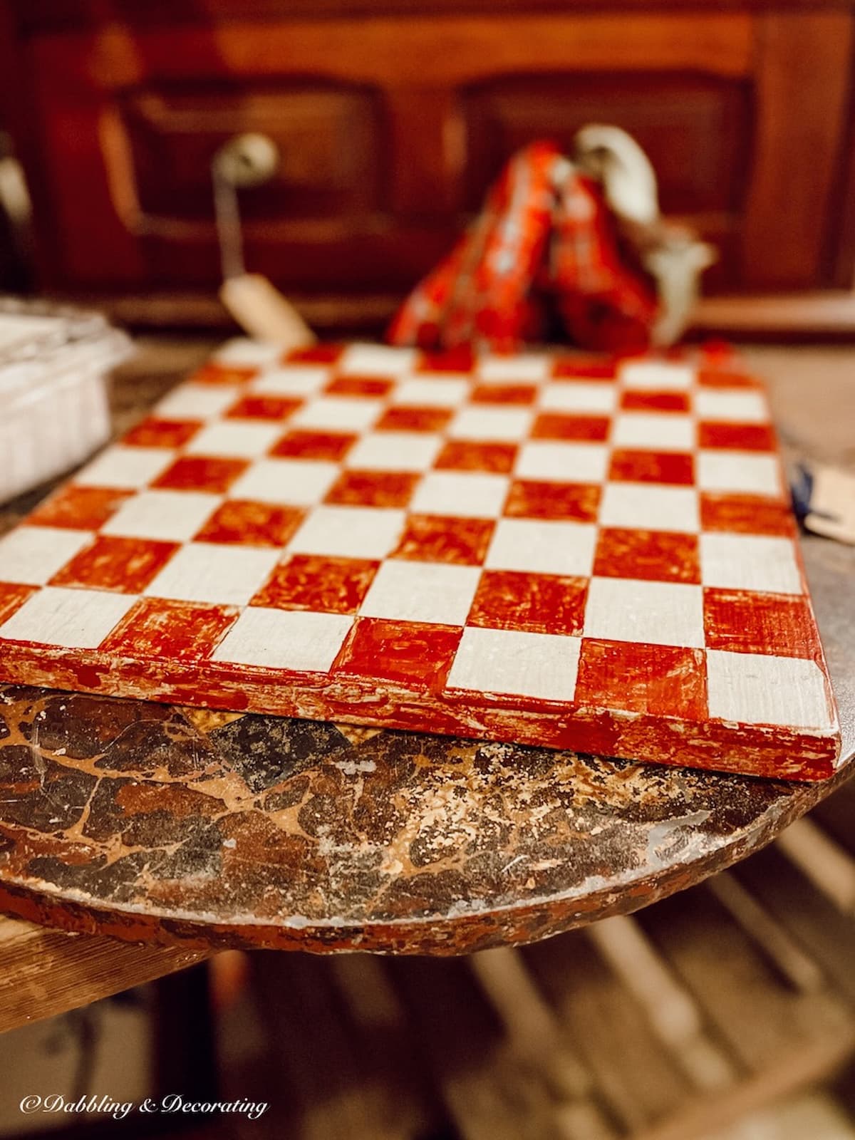 Red and white vintage wooden checkerboard