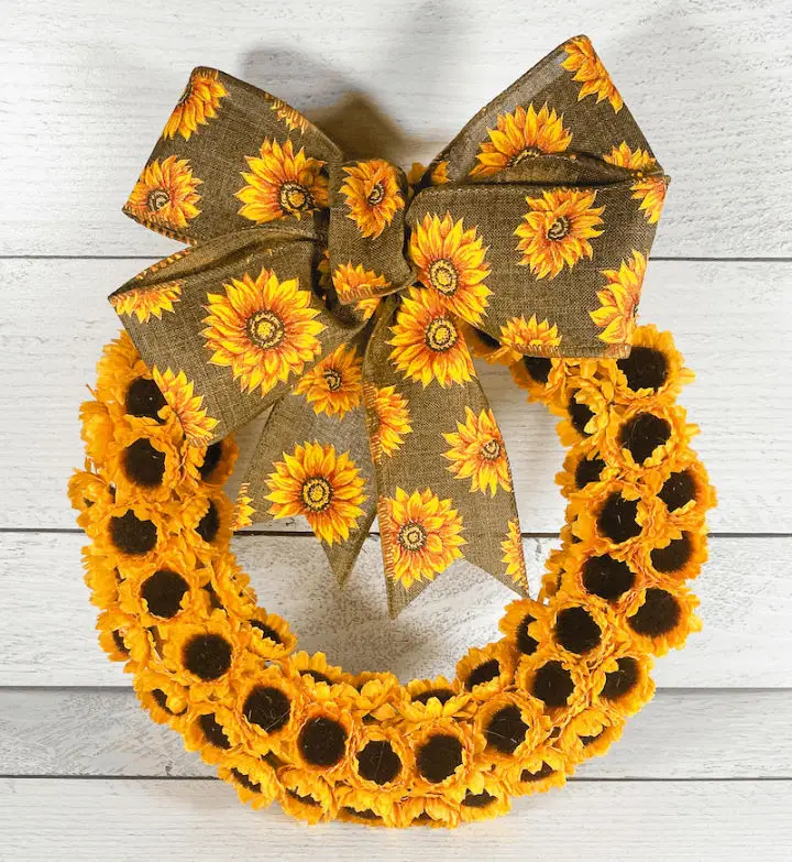 DIY sunflower wreath with burlap bow.