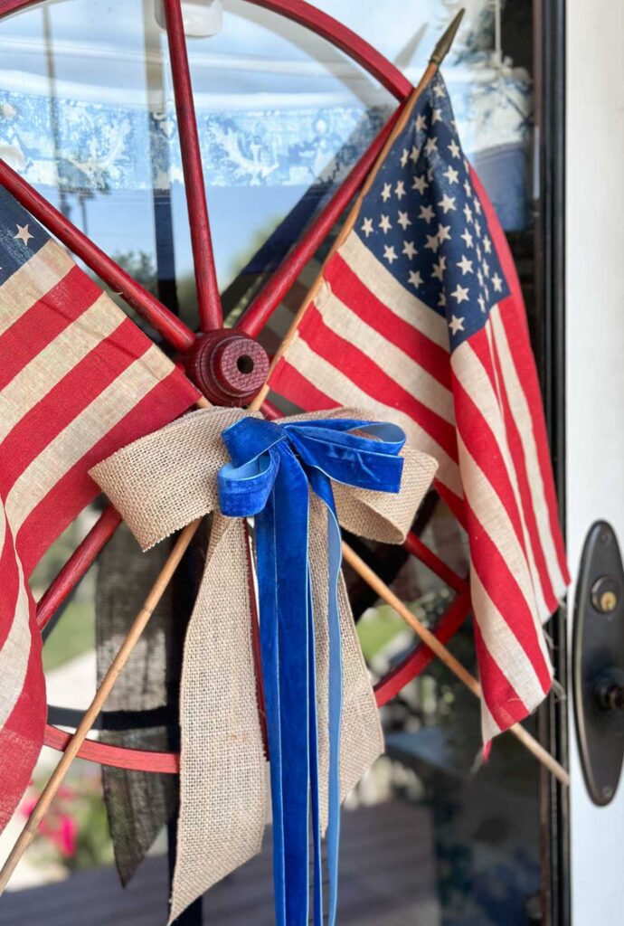 Red white and blue wagon wheel patriotic summer wreath DIY