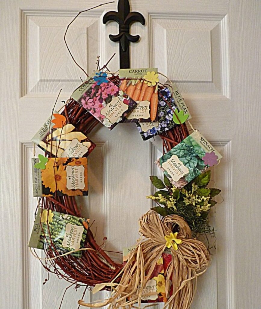 DIY Garden Packet Grapevine Summer Wreath on Door.