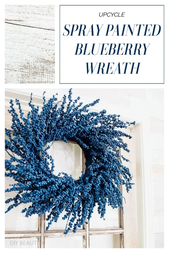 DIY Blueberry Wreath on White Cottage Door.