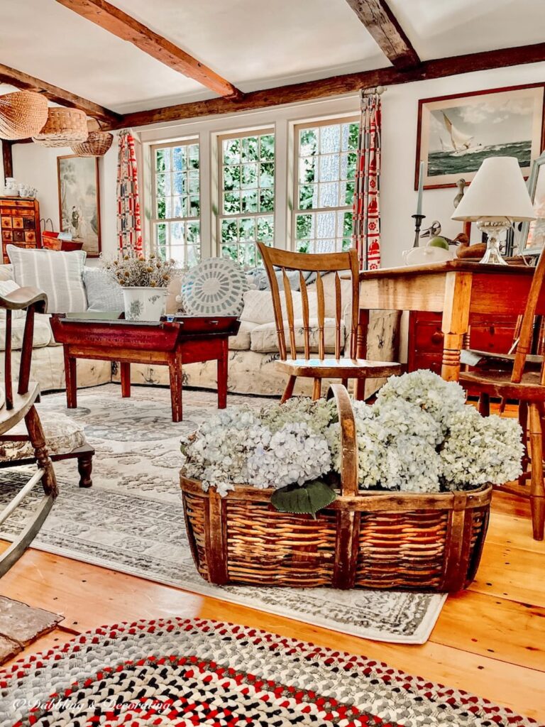 Vintage inspired living room in old home with antiques.