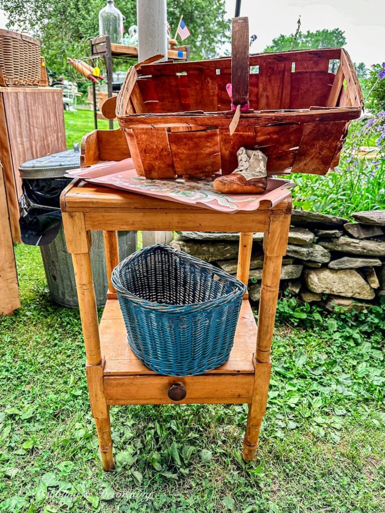 Antique blue bicycle basket at flea market vintage haul.