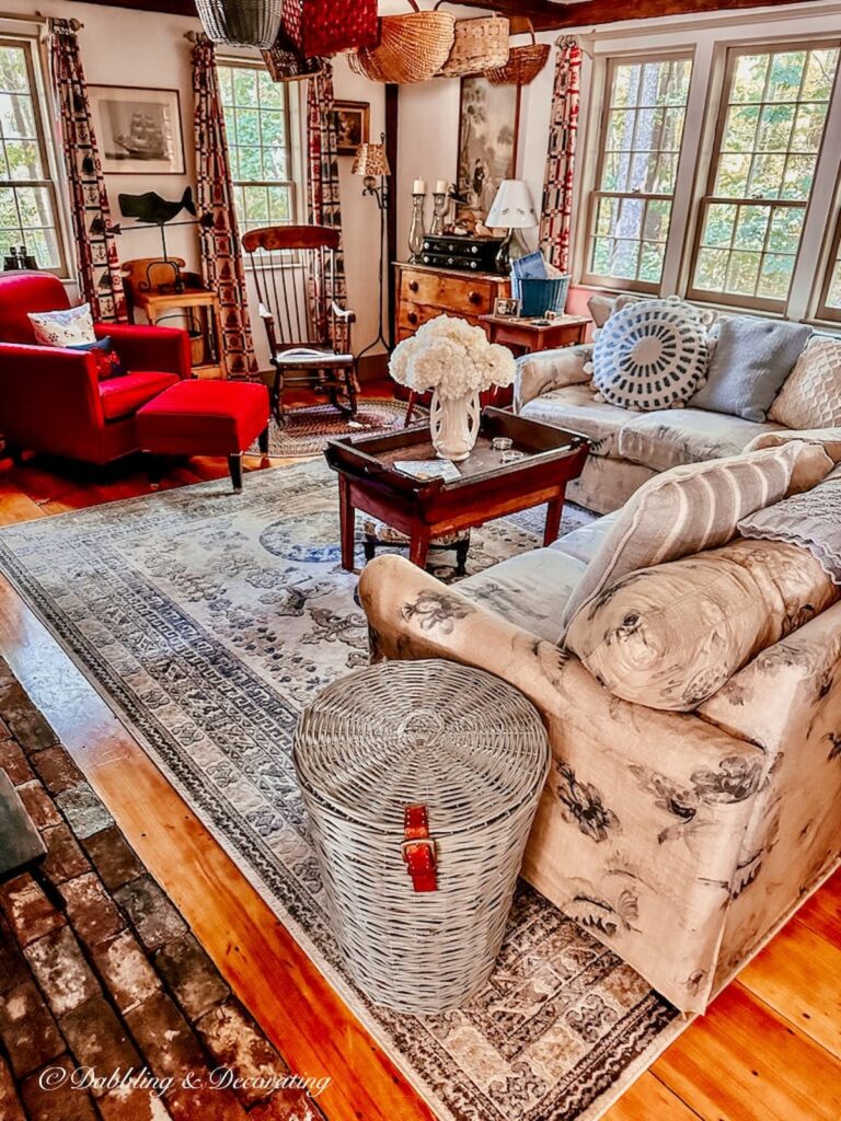 Vintage Style Living room with blue basket.