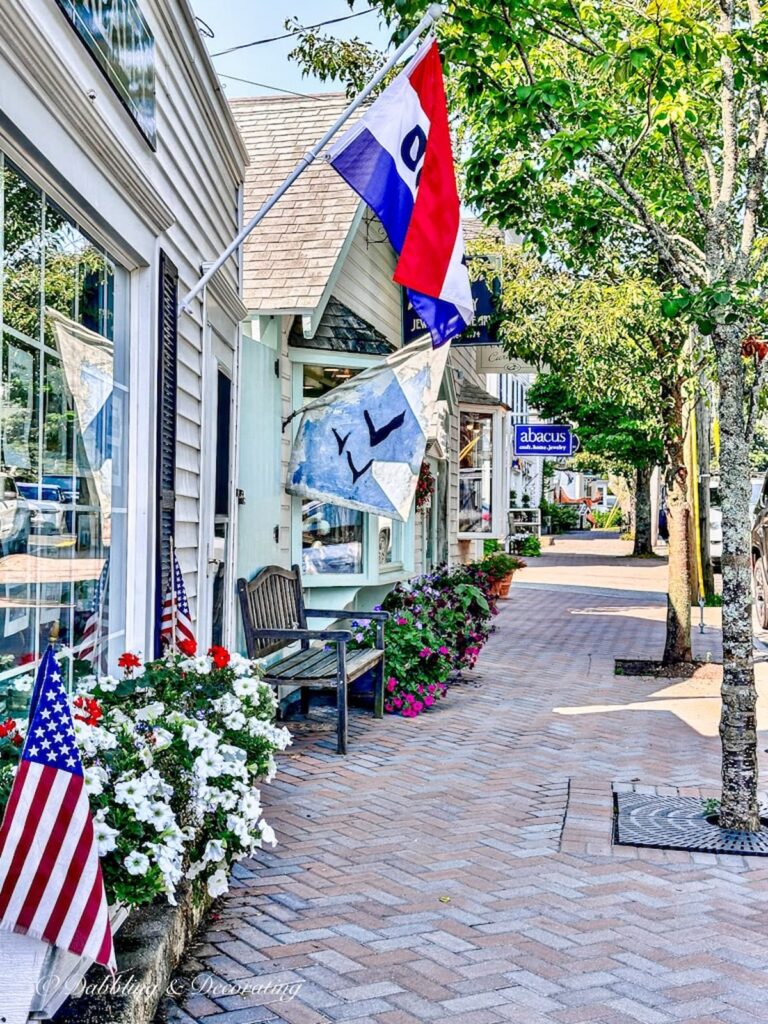 A street with shops in Boothbay Harbor, Maine, Maine Coastal Towns.