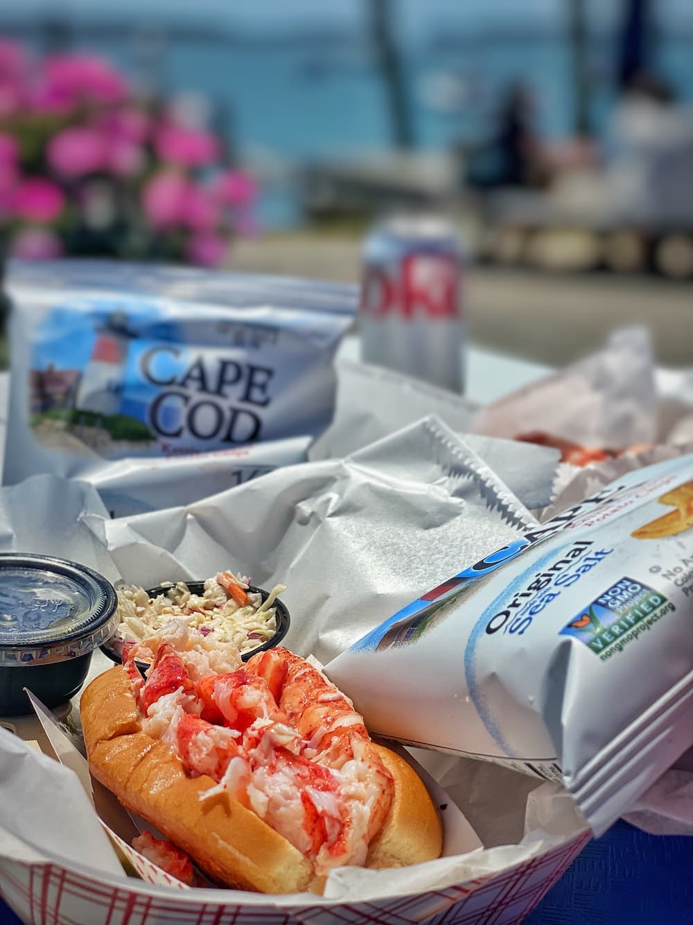 Lobster roll at McLoons Lobster Shack in Maine coastal town.