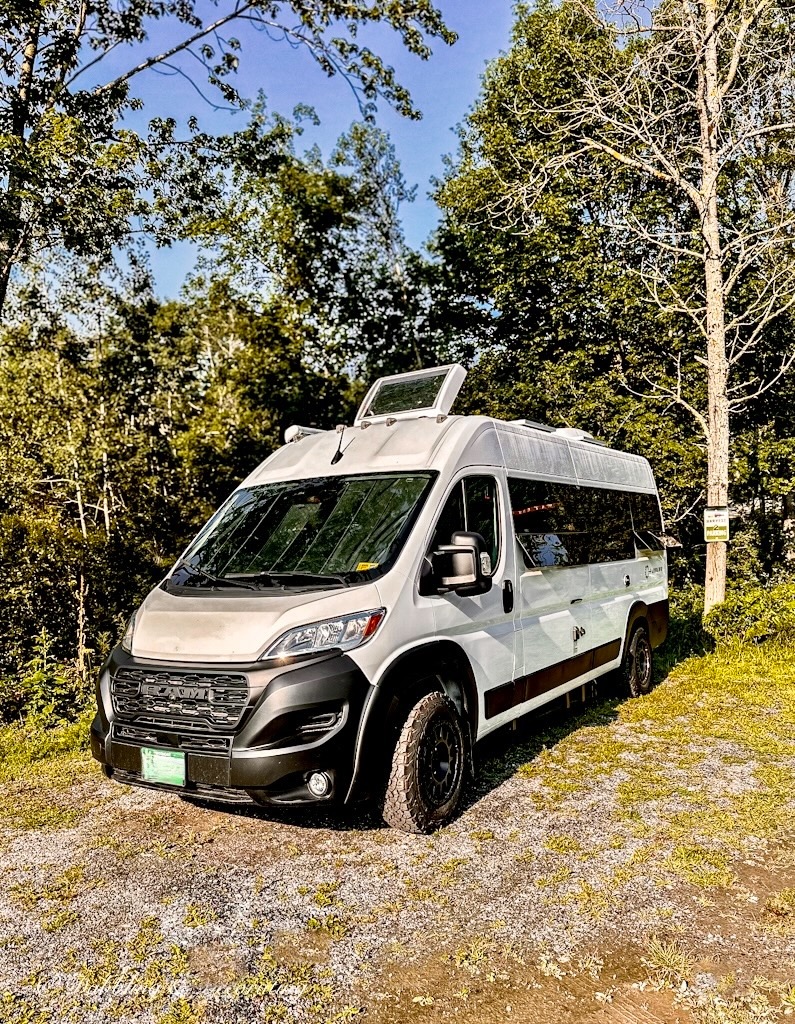 White Panoramic RV in Harvest Host Location at Boothbay Harbor Craft Brewery.