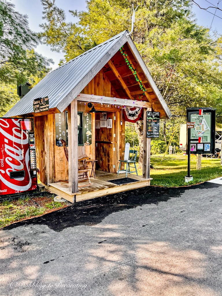 Wooden welcome shed at Boothbay Craft Brewery for RVs.